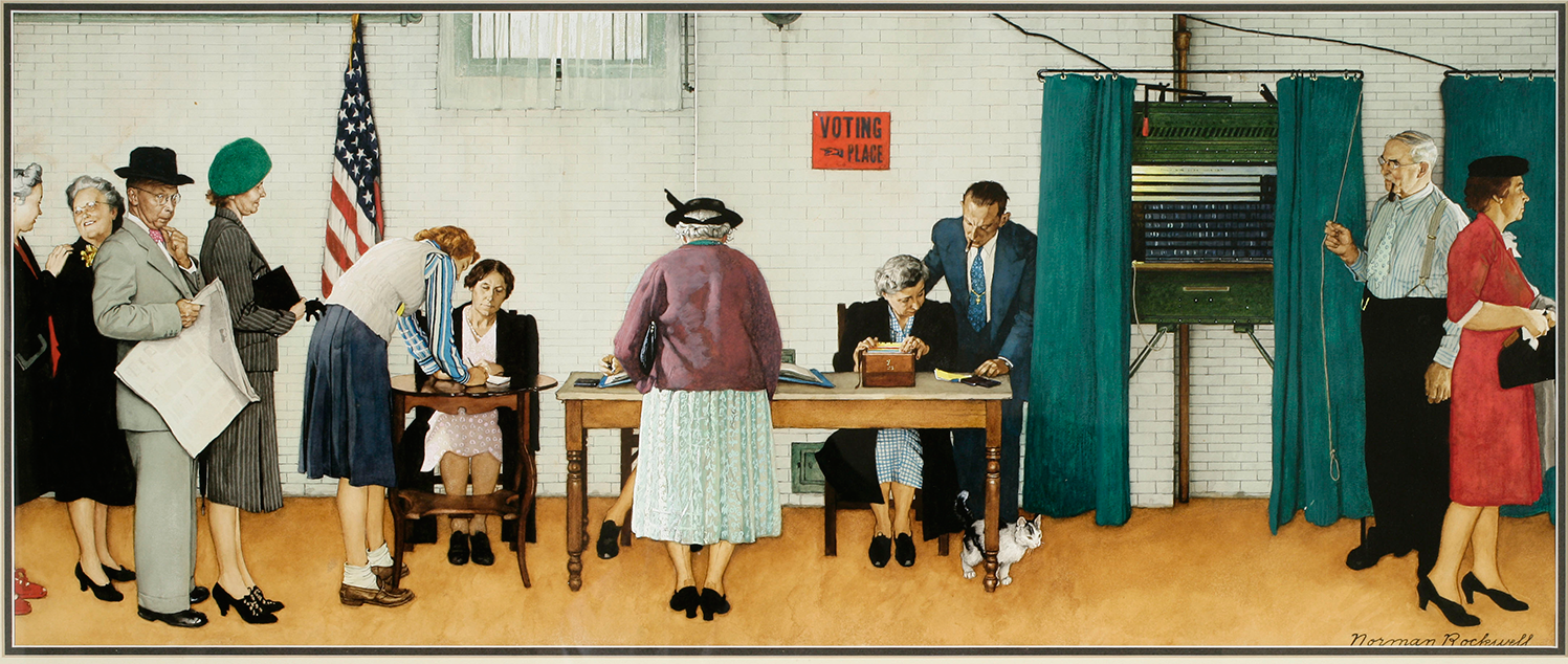 Norman Rockwell, Election Day, 1944, watercolor and gouache, 14 x 33 1/2 in., Museum purchase, Save-the-Art fund, 2007.037.1.